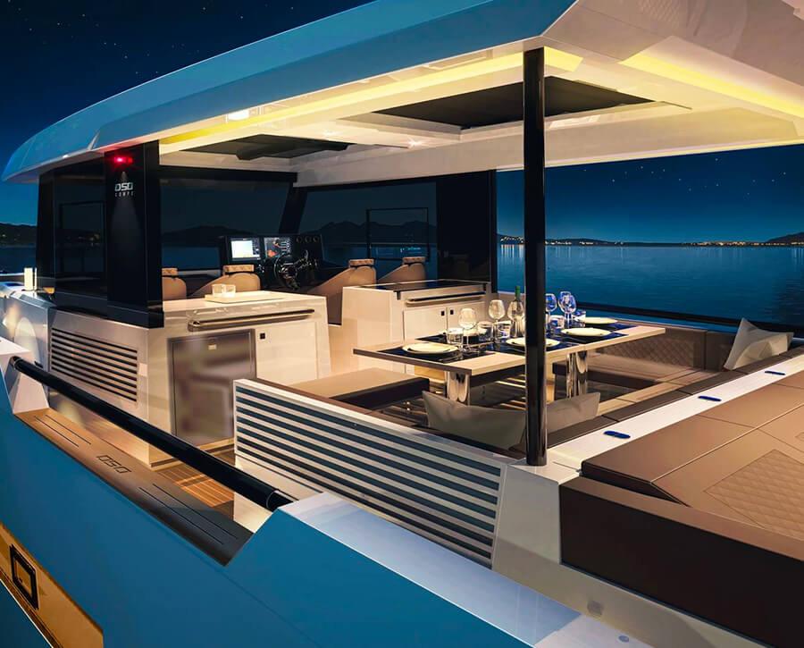 Outdoor lounge area aboard De Antonio 50 Coupé yacht in Ibiza