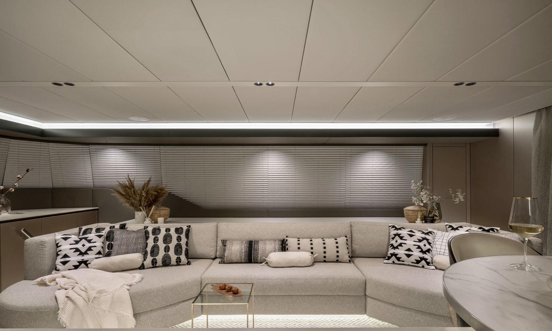 Elegant salon and panoramic living space aboard Sunreef 70+ catamaran