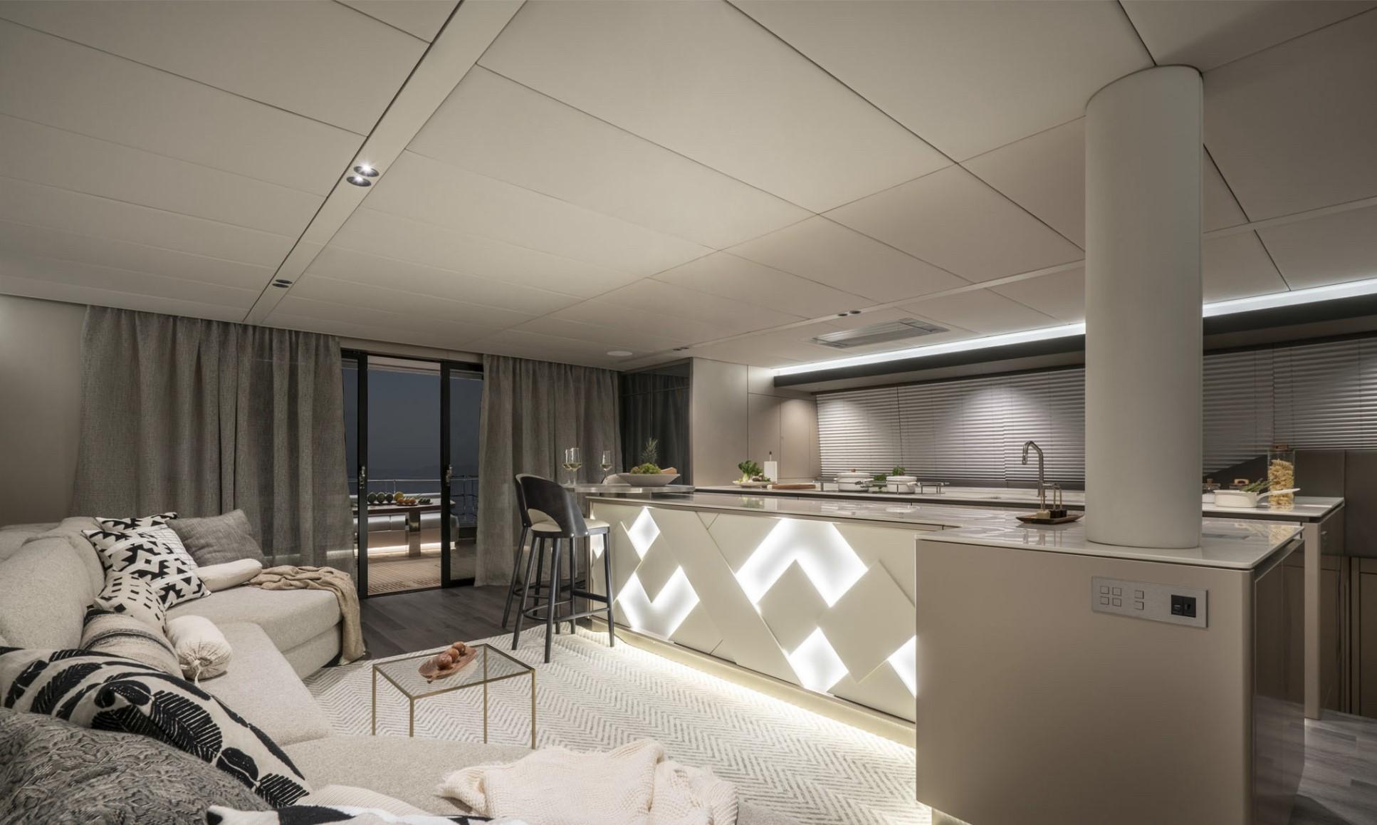 Modern indoor lounge and relaxation area inside Sunreef 70+