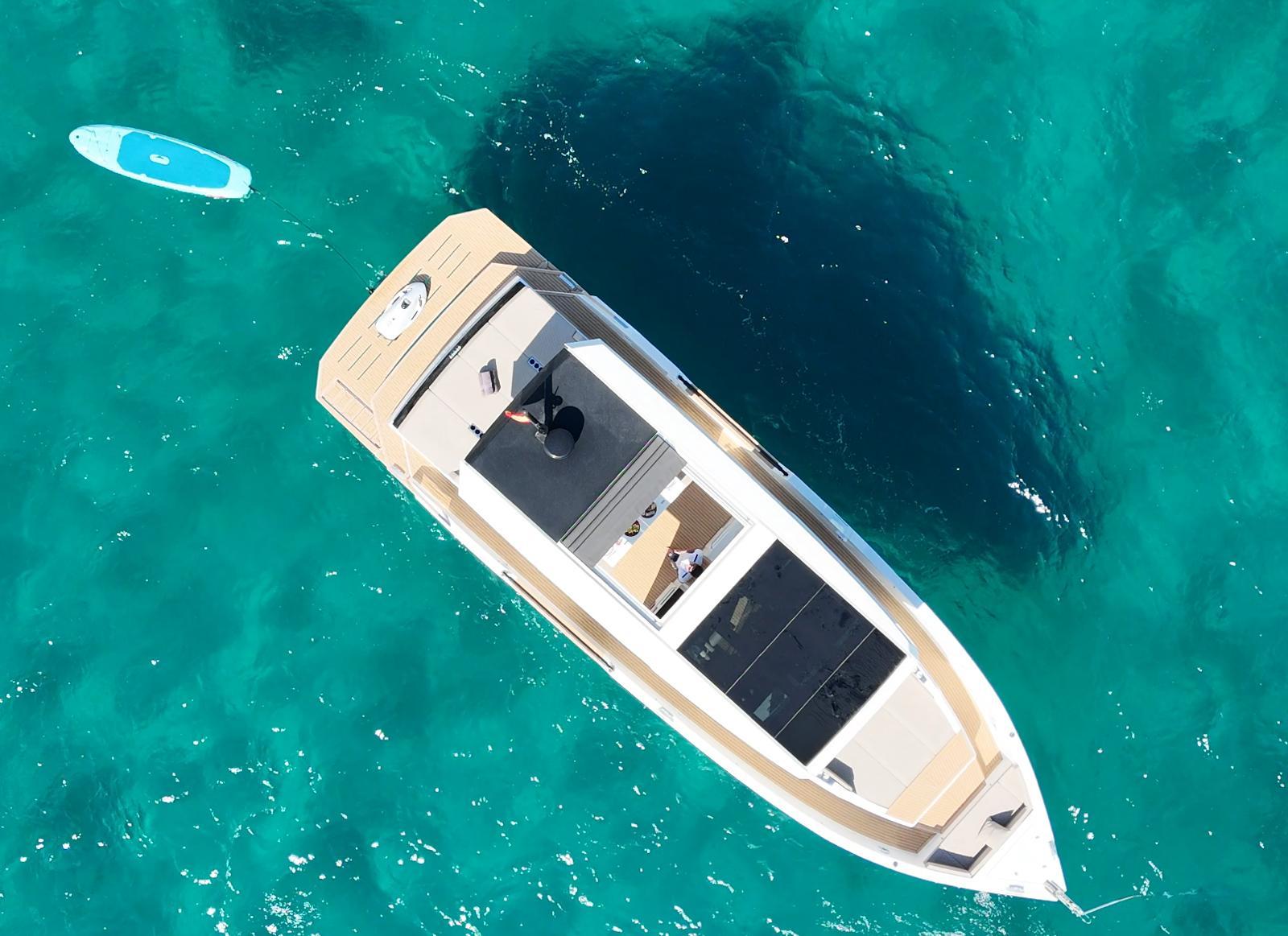 Aerial view of De Antonio 50 Coupé luxury yacht sailing in Ibiza