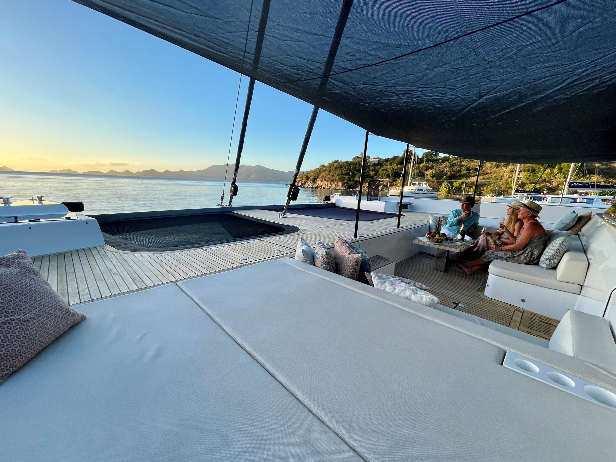 Spacious outdoor lounge deck on Sunreef 70+ luxury catamaran