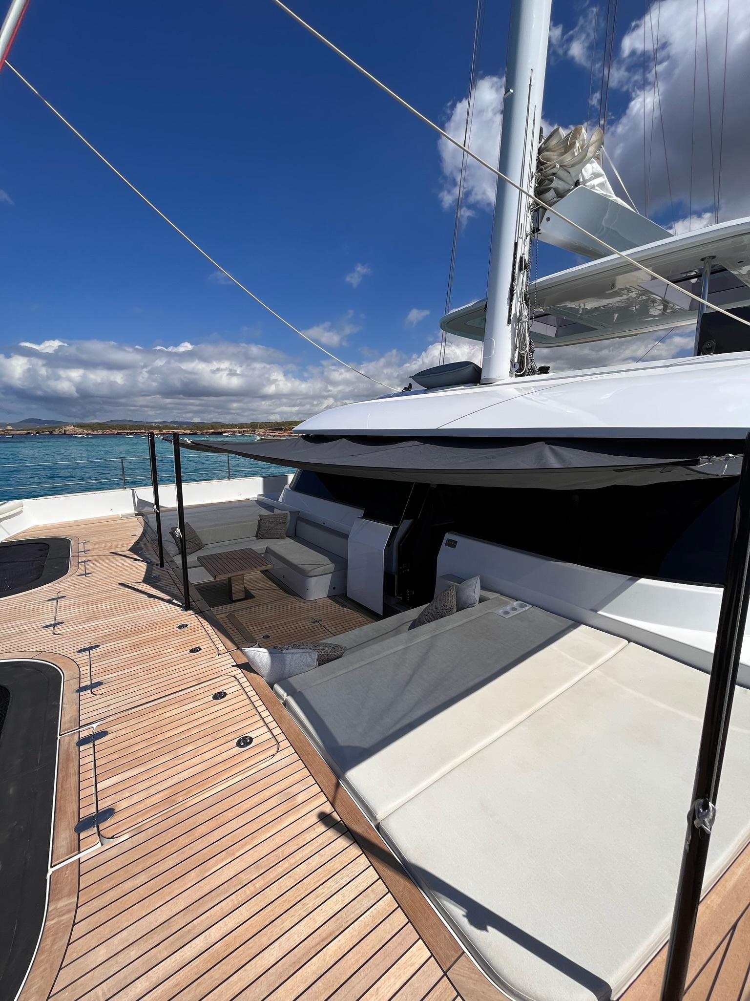Exterior cockpit and outdoor seating area aboard Sunreef 70+