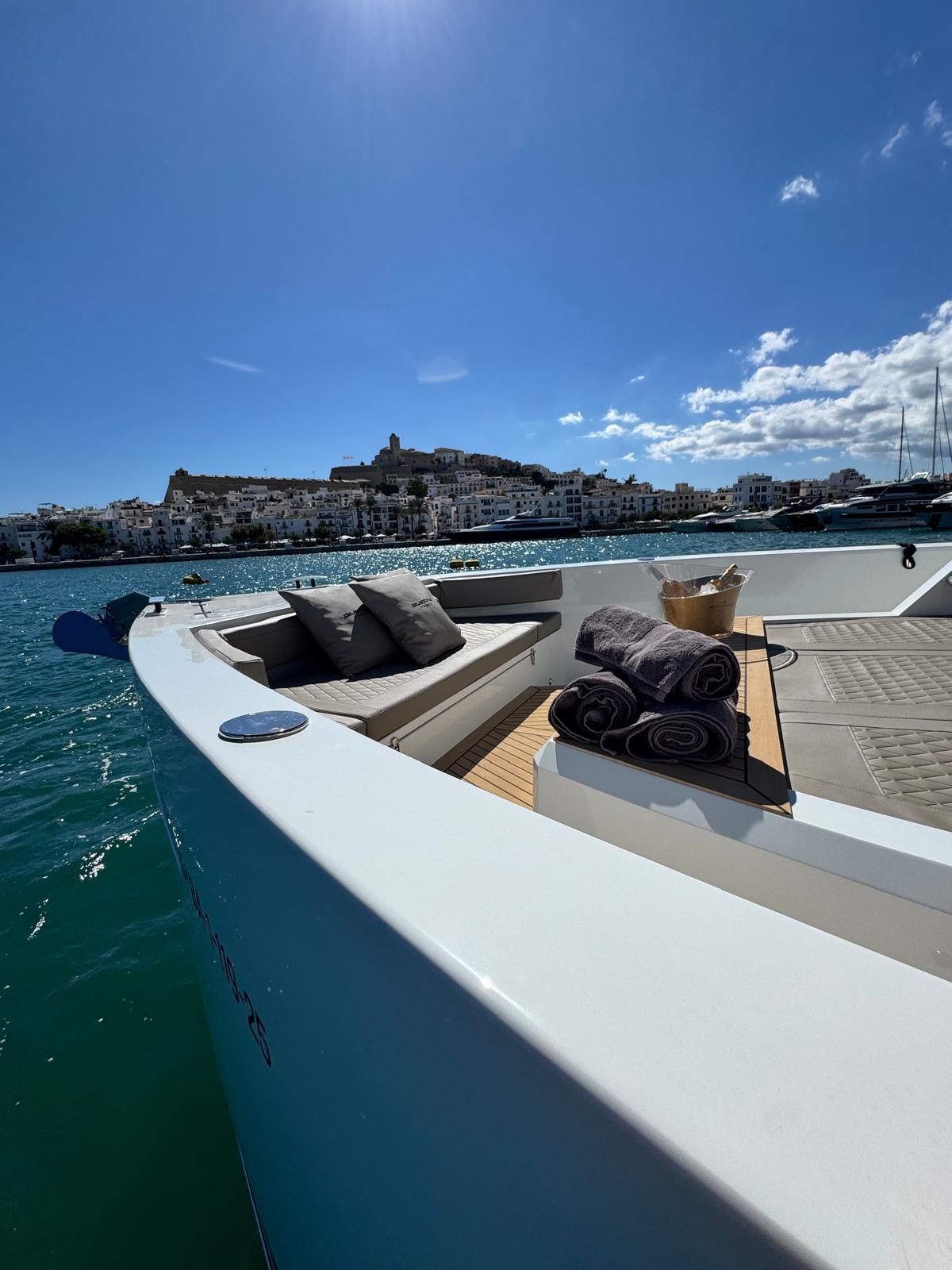 Front bow seating area during Ibiza yacht charter aboard De Antonio 50 Coupé