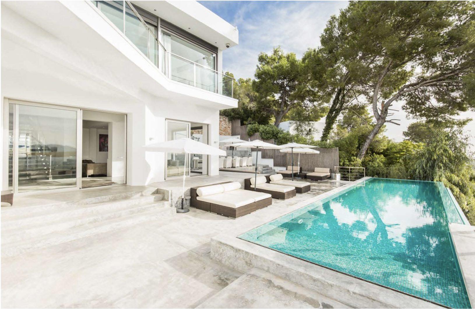 Exclusive pool terrace with sun loungers at Villa Oradea Ibiza