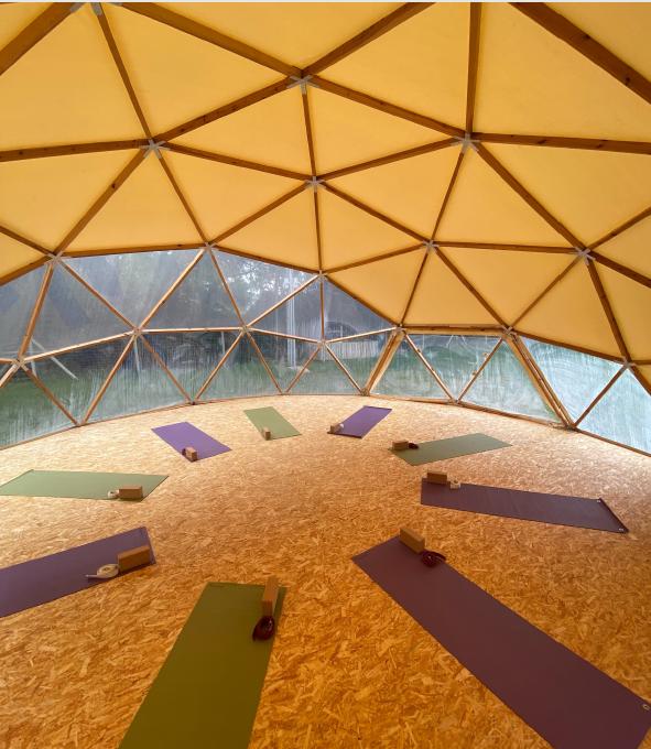 Luxury geodesic wellness dome with jacuzzi and ambient lighting