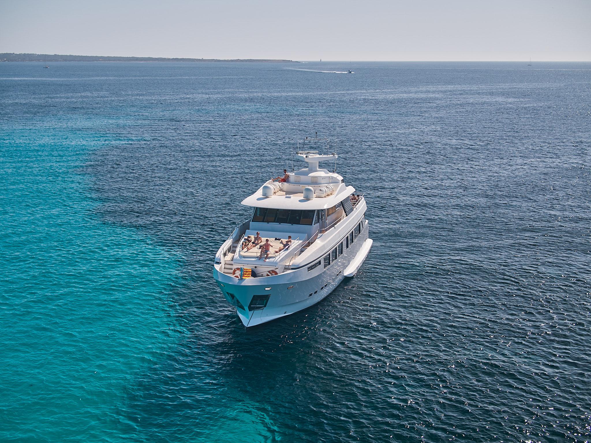Aerial view of Explorer 92 luxury yacht cruising in the Mediterranean