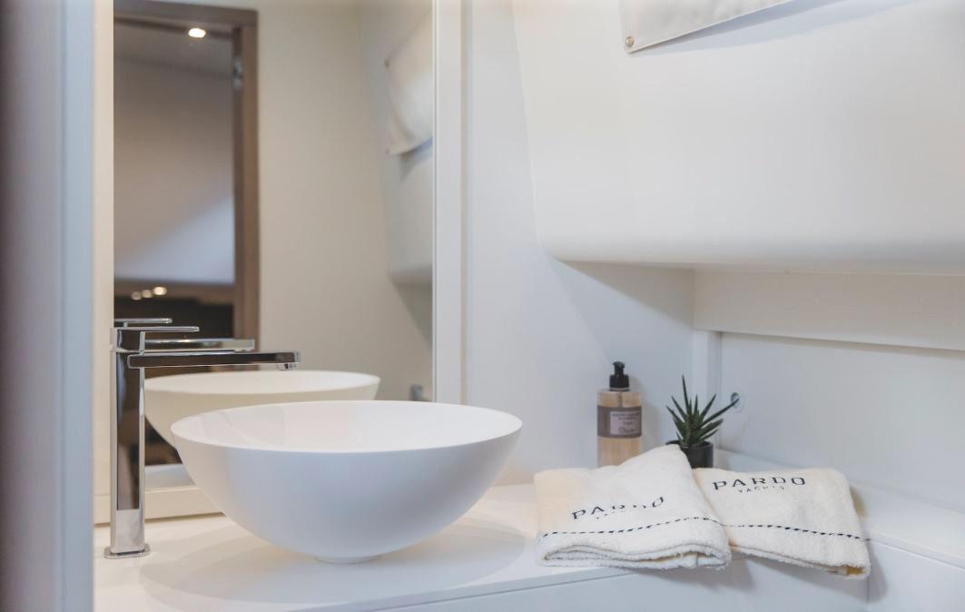 Premium yacht bathroom with modern finishes aboard Pardo 50