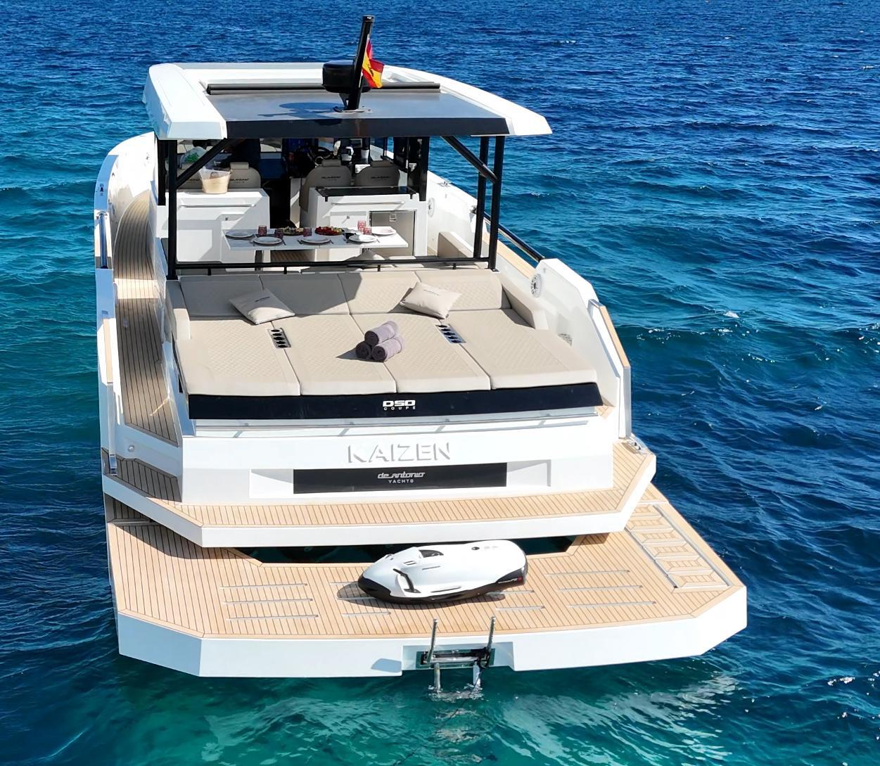 Rear swim platform and sun lounge on De Antonio 50 Coupé yacht