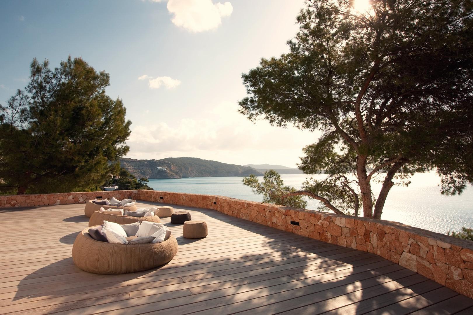 Luxury Mediterranean villa terrace overlooking the Ibiza coastline