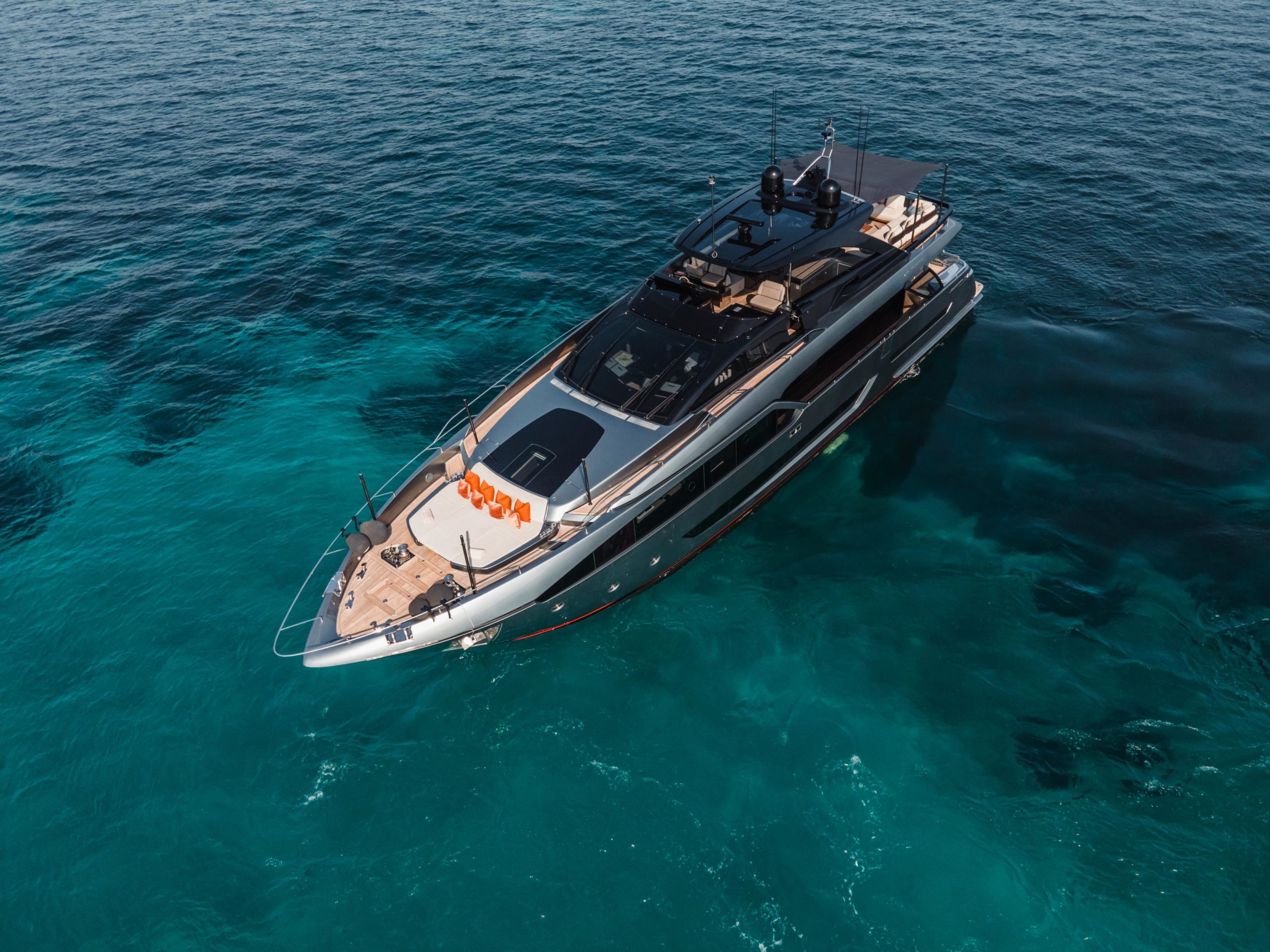 Aerial view of Riva Argo 90 luxury superyacht in Ibiza waters
