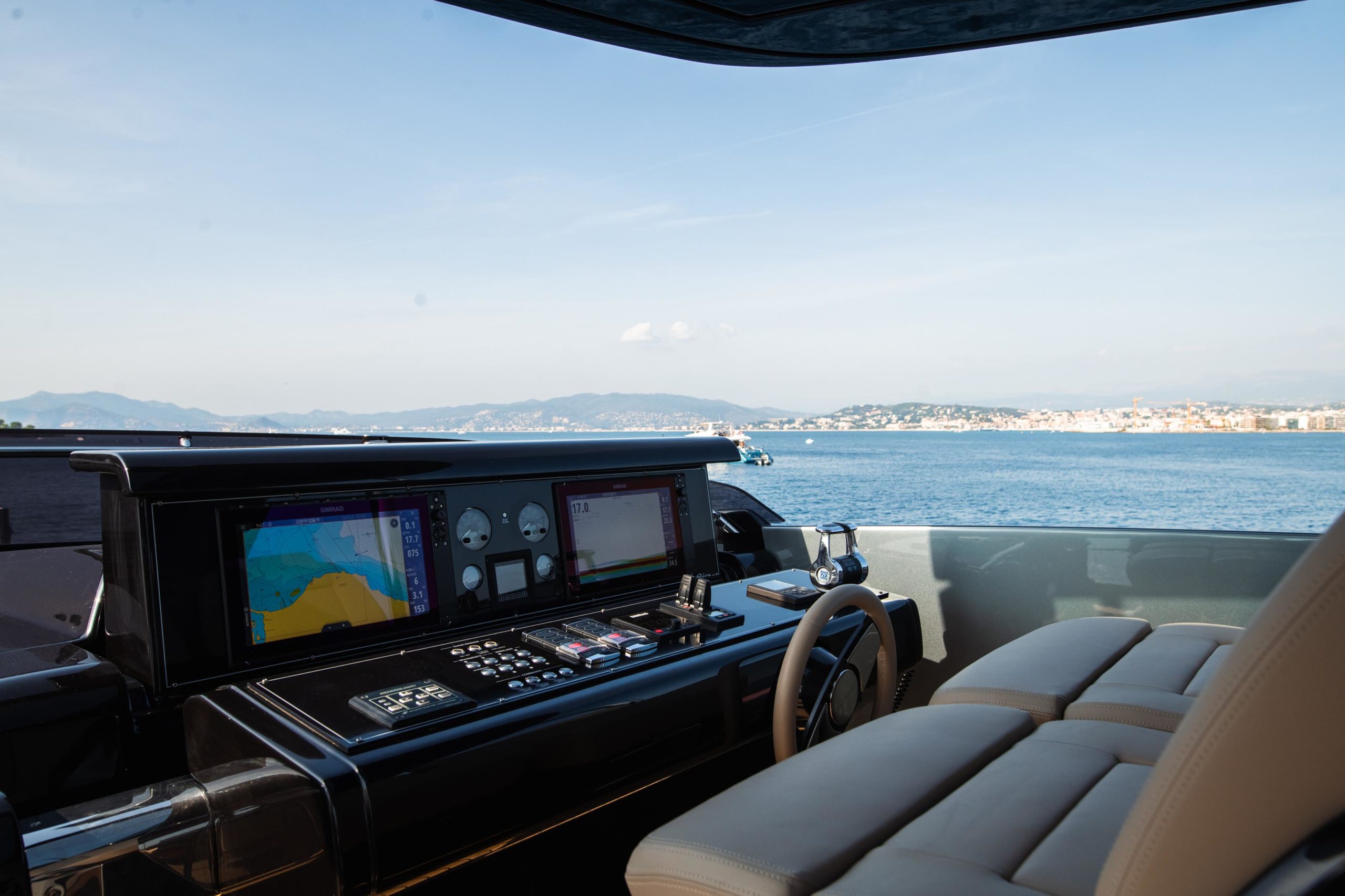 Flybridge lounge with panoramic Mediterranean views aboard Riva Argo 90