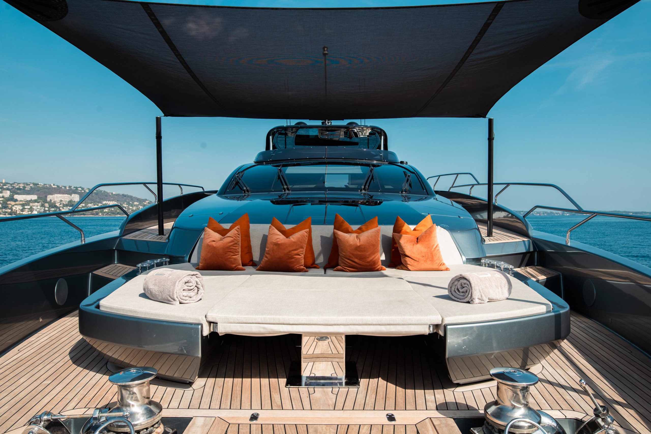 Front bow lounge with premium cushions aboard Riva Argo 90