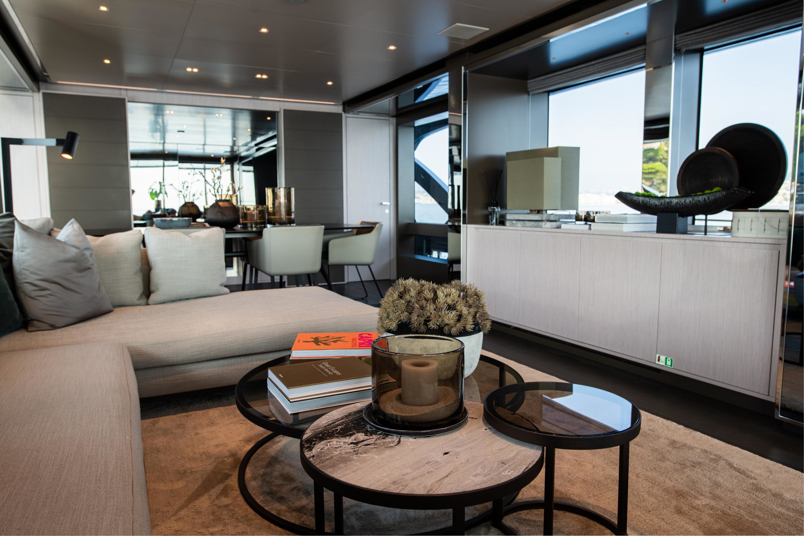 Luxury dining and living space aboard Riva Argo 90 yacht
